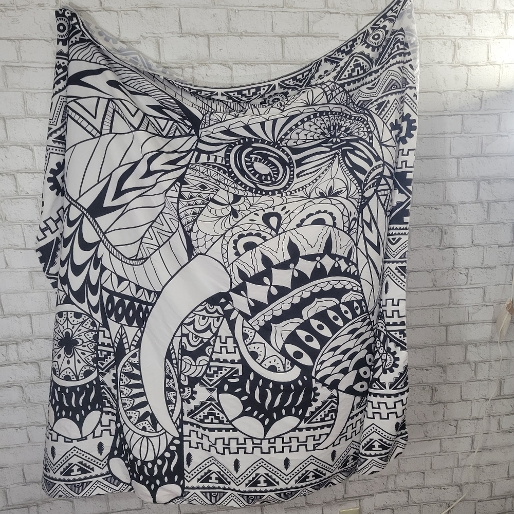 Black and white printed tapestry wall hanging
